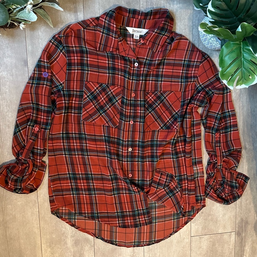 Y2K Decree Plaid Blouse Semi-Sheer Red Teal Yellow Button Front Women’s Medium